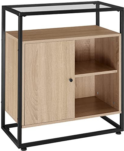 tectake Kommode mit Glasoberfläche, 70 x 38 x 80,5 cm, Beistellschrank im Industrie-Design, Holz Sideboard für Wohnzimmer Flur Küche, schwarzes Metallgestell (Industrial Holz hell, Eiche Sonoma)