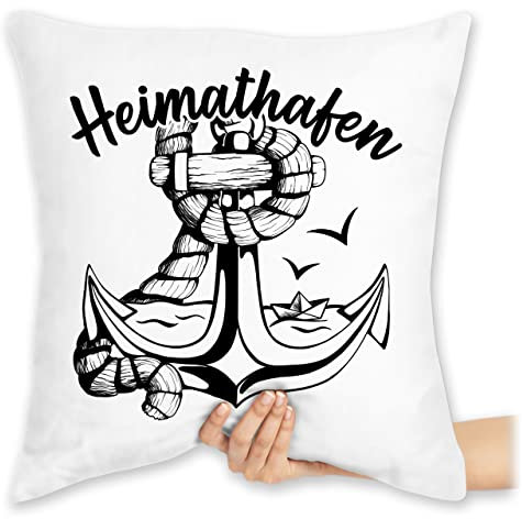 Kissen 40x40 Zierkissen - Statement - Heimathafen mit Anker und Papierboot - 40 x 40 cm - Weiß - Spruch Statements maritim sprüche