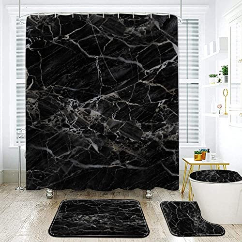 NEWSUYAA Black Marble Shower Curtain with Bath Rugs Bathroom Sets, 4 Pcs Abstract Marble Bath Décor Toilet Seat Cover, Absorbent Pedestal Pads Mats and Waterproof Tub Curtains + Hooks (Black)