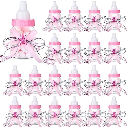 80 Pcs 3.5 Inch Baby Mini Milk Bottle Baby Shower Favor with Small Plastic Bear Candy Bottle with Ribbon for Boy Girl Newborn Baptism Party Decor (Pink)