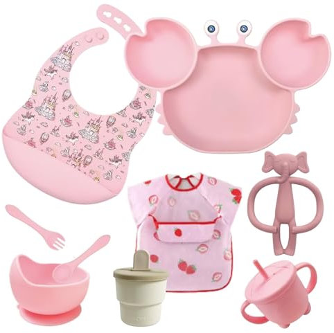 ASENME vajilla bebe silicona de 9 piezas Vajillas (Rosa)