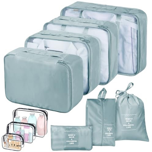 sprecenk Organizador Maleta Viaje 10 Piezas, Gran Capacidad Organizador de Equipaje Packing Cubes, Ligera Bolsas Viaje Cubos de Embalaje Para Ropa, Ropa Interior, Zapatos, Gris Claro