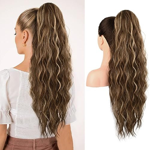 REECHO Ponytail Extension, 66 cm Long Beach Gewellt Zugband Pferdeschwanz Haarverlängerung Synthetischer Pferdeschwanz Haarteil für Frauen – Schokoladenbraun mit blonden Highlights
