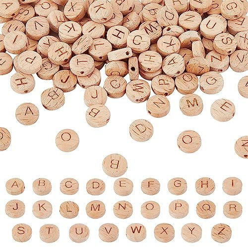 OLYCRAFT 104 Stück 10 mm Alphabet Holzperlen Runde Flache Alphabetperlen Flache Holzperlen Aus Naturbuche Mit 1.6mm Loch Lose Holzperlen Für Die Schmuckherstellung Und Heimwerkerarbeiten - 4 Sets