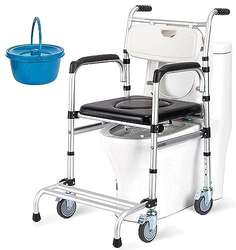 REHOOF Toilettenrollstuhl, Nachtstuhl Wc Mit Rollen Toilettenstuhl Toilettenstühle Höhenverstellbar Rollstuhl mit WC-Eimer fahrbarer Duschstuhl aus Aluminium für Ältere Senioren, Behinderte A