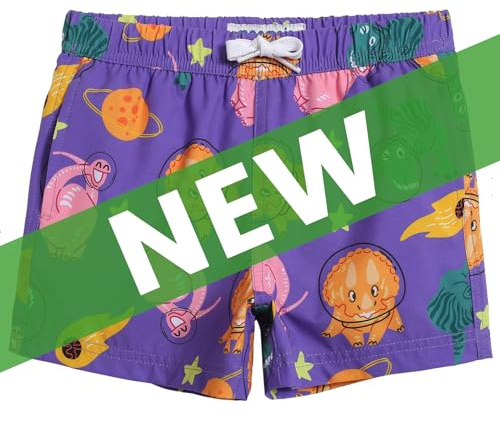 MaaMgic Jungens 4 Way Stretch Badehosen Schnelltrocknend Badeshorts mit Mesh-Futter Taschen und Verstellbarem Tunnelzug MEHRWEG,New Dinosaurier Astronauten Violett,2 Jahre