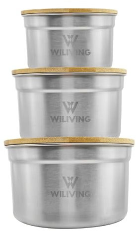 WILIVING | Frischhaltedose | Edelstahl-Lebensmittelbehälter | Bambus Deckel | 3 Stück | 2000ml, 1100ml, 700ml | Geeignet für Mikrowelle, Spülmaschine, Ofen | BPA Frei