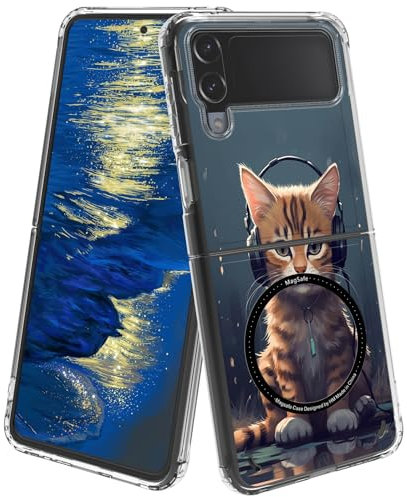 GFRGTFHYT for Samsung Galaxy Z Flip 4 Clear Case 6.7 MagSafe Slim Transparent Cover with Cat with Headphones Pattern Design Shockproof Protective Case for Samsung Galaxy Z Flip 4 2022