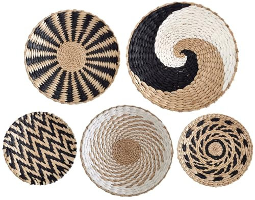Decoración de cesta de pared 5 piezas Decoración boho Decoración de pared de dormitorio Cestas tejidas de ratán colgantes 7,9, 9,8, 11,8 pulgadas Decoración rústica de arte de pared Juego de bandejas