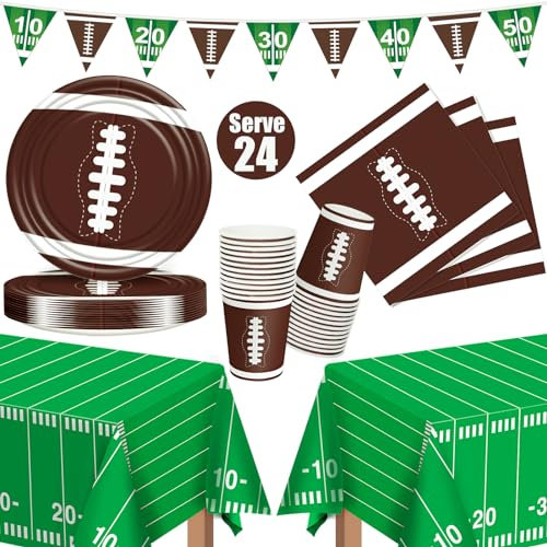 Football Party Supplies Tableware Set - Football Theme Party Decorations,Serves 24 Including Plates, Napkins, Cups, and Plastic Tablecloth for Football Birthday Party