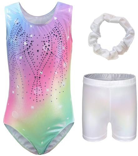 Turnanzug für Mädchen mit Haargummi Kinder bunte Pailletten kurze Tank Biketards einteilig ärmellos glänzend Gymnastikanzug Unitard Outfit Kleidung Regenbogen