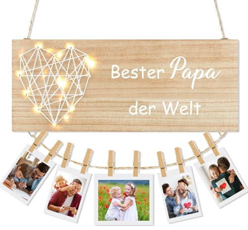 Blulu Bester Papa Geschenk Bilderrahmen Collage Fotowand mit Klammern Schnur Lichterkette Holzschild mit Spruch Fotocollage Wanddeko Fotorahmen Geschenk für Vater Papa Geburtstag Vatertag