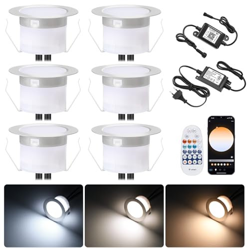 6er WIFI intelligente dimmerabile 3000k-6000k spot da incasso 1W luci a terra da incasso funziona con Alexa, Google Home, Ø45mm IP67 impermeabile LED spot da incasso esterno,con telecomando