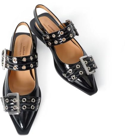 Lunhonk Vegan Leather Ballet Flats with Square Toe and Metallic Buckle Low-Heel Comfort Pumps, Black, 5 UK