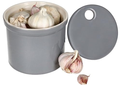 MamboCat Oskar Vorratsdose S in Grau I Ø 13,2cm I Knoblauchtopf mit Deckel aus weißem Ton für Ihre Küche I stilvolle zylindrische Aufbewahrungsbox für Gemüse I Ideal zur langen Lagerung