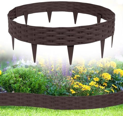 JNGLGO Rasenkante Beeteinfassung Kunststoff 5m Gartenpalisade Rattan-Optik Gartenzaun Dekorator Palisaden Beetumrandunge Rasenkantensteine Braun 【5m - 5pcs】
