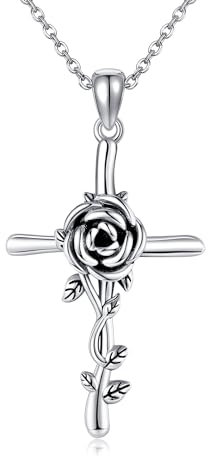 JERWLI Collier rose noire en argent sterling S925 avec pendentif croix de roses gothiques - Bijoux punk pour femmes et filles, Pierre précieuse en zircone