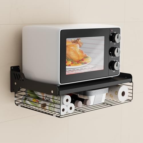 HMAKGG Support Micro Onde Mural, Etagere Micro Onde 2 Niveaux avec Panier Rangement, Support Mural Micro Onde en Acier au Carbone, Suspendu Meuble Micro Ondes Cuisine Rangement Noir, 55 * 35 * 16 cm