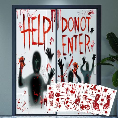 Halloween Decorazioni Horror, Spaventose Adesivo Porta Interna, 2x Halloween Finestre Porta Adesivi & 8x Sanguinante Parete Pavimento Adesivi, Impronte di Mani Sanguinarie Impronte Piedi