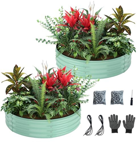 Kit de jardinière ronde surélevée en métal galvanisé pour jardinage extérieur, 0,6 x 0,6 x 0,3 m, 2 jardinières surélevées, jardinière ronde galvanisée d'extérieur en métal vert