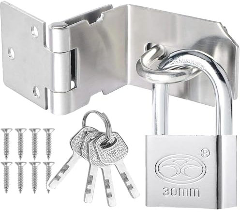 Litensh Cerrojo de puerta de acero inoxidable con candado, cierre de seguridad, cierre de cerrojo extra grueso, cerradura de puerta para ventana de dormitorio, cochera (plateado ángulo recto de 90°, 3