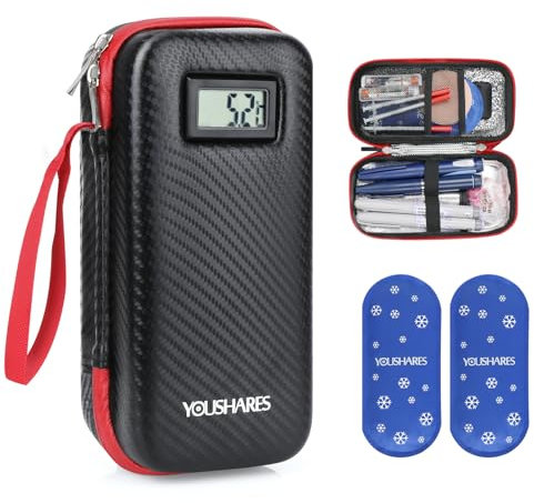 YOUSHARES Pochette Isotherme Insuline, Trousse Isotherme Insuline Medicament Voyage Affichage de la Température avec 2 Poche de Glace pour Diabetique, Sac Isotherme Insuline pour Stylo Seringue, Noir