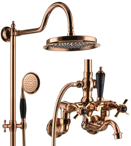 RONMX Exposed Shower System, BSS0361 Modern Rose Gold Shower Head Set, 9in/230mm Shower Faucet Sets Complete, Ceramic Handle Handheld, 180° Rotatable Bathtub Faucet, 59A Copper Mixing Valve