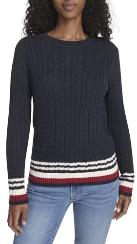 Tommy Hilfiger Damen-Pullover aus Baumwolle mit Rundhalsausschnitt und Zopfmuster, Sky Captain Multi, X-Groß