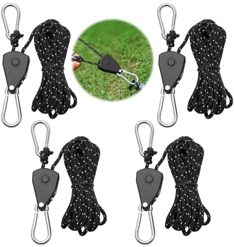 4 Stück Verstellbarer Seil Ratsche, 4 M Abspannseile mit Seilspanner, 1/8 Zoll Einstellbare Seilratsche mit Haken für Pflanzenventilator Licht Zimmerpflanzen Zelten