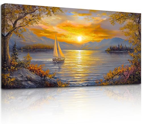 MHARTK66 Tableau Decoration Murale Salon, 50x100 cm Grand Impression sur Toile, Cadre Decoration Murale Coucher de Soleil et Voilier, Moderne Décoration de Chambre Salle De Bain Maison Décorations