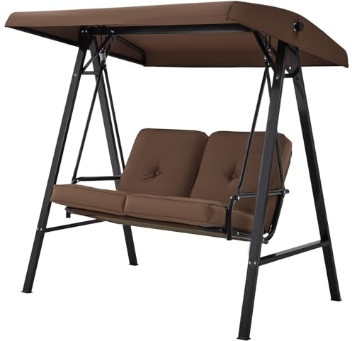 U-MAX 2 Seater Garden Swing Chair, Outdoor Hammock Bench with Adjustable Canopy Thick Padded, Hammock Chair Bench For Garden Patio Balcony(Brown)
