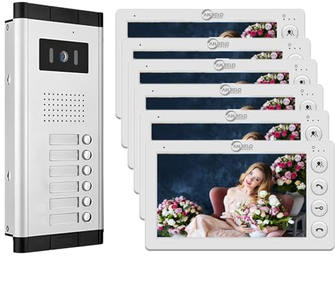 Verdrahtete Video-Sprechanlage für Wohnungen, 2/3/4/5/6/8/10/12 Einheiten 7-Zoll-Monitor-Video-Türsprechanlage, Video-Türklingel für den ID-Karte zum Entsperren (1 Türklingel + 6 Monitor)
