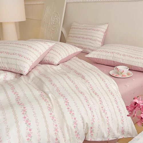 Michorinee Housse de Couette 140x200 Fleurs Rose et Blanc - Parure de Lit Motif Floral Rayures en Microfibre - Linge de Lit 1 Personne Adulte avec Taie d'oreiller 65x65 cm Fermeture Éclair