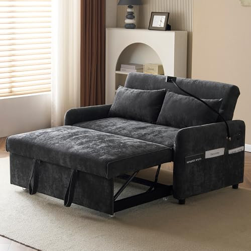Merax Schlafsofa mit Bettkasten, 2-Sitzer Sofa mit Schlaffunktion, Klappbares 3-in-1 Schlafcouch mit Verstellbarer Rückenlehne, USB-Anschlüssen und Handyhalter, aus Chenille, Grau 129 x 76 x 81 cm