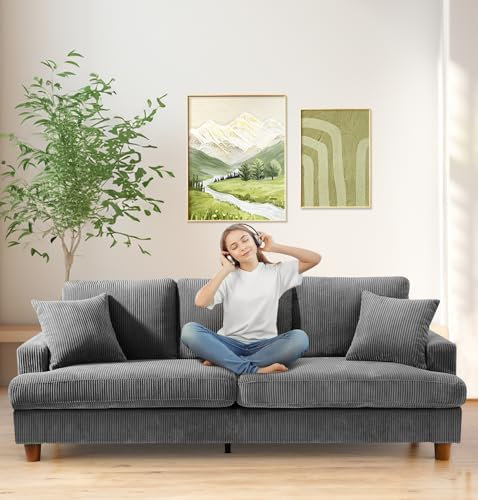 Kidirect Cord Sofa 3 Sitzer, 221CM Bequemes Couch 53CM Extra Tiefe Sitze, Sofa Wohnzimmer Werkzeugfreie Montage, Big Sofa Couch mit 2 Kissen, Modernes Couch fürs Büro, Schlafzimmer Sofas Hellgrau