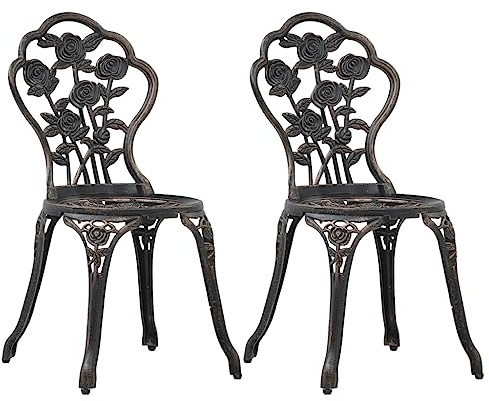 QJBSAVVA Lot de 2 chaises de bistrot en fonte d'aluminium - Couleur bronze - Résistantes aux intempéries - Avec motif floral - Pour terrasse, balcon et jardin d'hiver - 41 x 49 x 81 x 5 cm