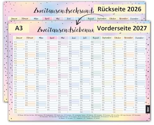 Timr Wandkalender 2026 inkl. 2027 Motiv Bunt - DIN A3 Kalender 12 Monate I beidseitig I tr398