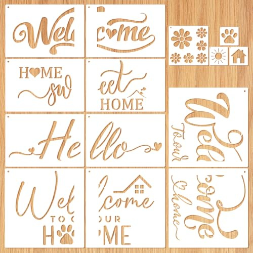 MWOOT 14 Pcs Door Mat Stencils, Welcome Stencils for Painting on Wood, Reusable Welcome Home Signs Templates for Plain Doormat Home Decor, DIY Crafts