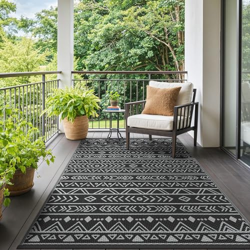 GENIMO Outdoor Rug Balkon Teppich Wetterfest 120x180cm | Outdoor Matte Reversibel UV-Schutz Wetterfest Garten Camping Terrasse Schwarzgrau