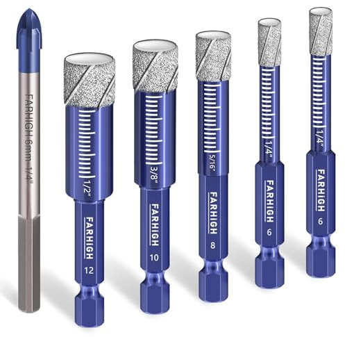 Diamantbohrer Fliesenbohrer Glasbohrer Set 6 tlg. 6, 8, 10, 12mm & 6mm Wolframstahl-Legierungsbohrer für Keramik,Porzellan,Fliesen,Glas,Granit,Stein,Mauerwerk,Feinsteinzeug&Beton,Sechskantschaft