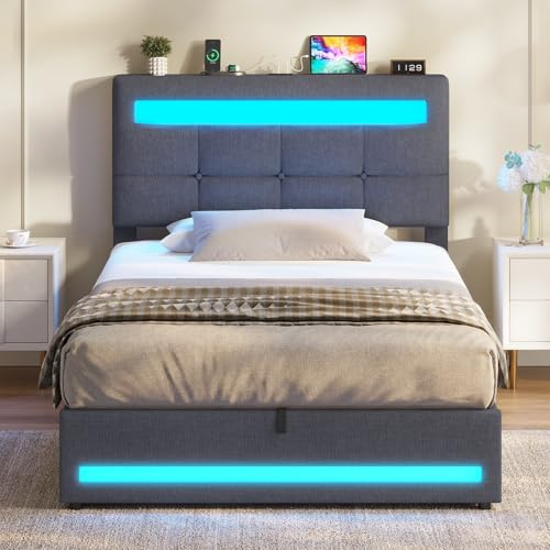 AOGLLATI Polsterbett 90 x 200 mit LED Beleuchtung und Ladestation, jugendbett mit Höhenverstellbares Kopfteil und Stauraum, Hydraulisches Bett 90 x 200 cm,Lattenrost, Linen,Ohne Matratze, Dunkelgrau