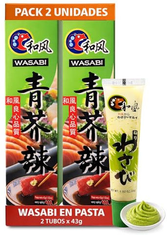 Pasta de wasabi en tubo, ideal para el sushi, el sashimi y los nigiris, Auténtico Aroma y Sabor Picante, lista para consumir, Formato tubo, Disponible en pack de 2 unidades de 43 gr