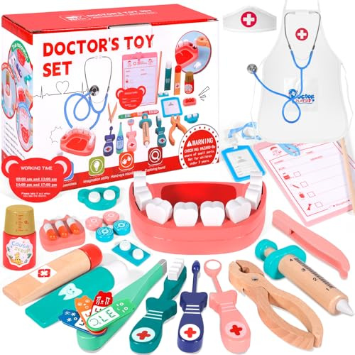 NXPZ Malette Docteur Enfant, Kit Dentiste en Bois pour Enfants, Jeu de Rôle, avec Stéthoscope Réel et Accessoires, pour Filles et Garçons de 3 4 5 6 7 8 Ans (38 Pièces)