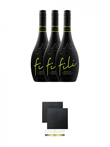 Sacchetto Fili Prosecco DOC Vino Frizzante 3 x 0,75 Liter + Schiefer Glasuntersetzer eckig ca. 9,5 cm Ø 2 Stück