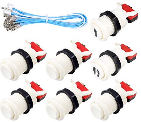 Fosiya 7 x Arcade-Knöpfe 30 mm Happ Typ Standard Drucktasten Schalter mit 20 cm Tasten Kabel für Arcade Joystick Arcade1up Spielekonsole Weiß weiß