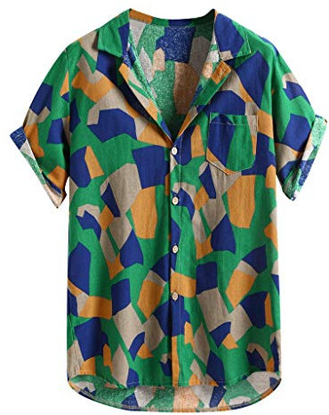 Yowablo T-Shirt Herren gedruckte hawaiianische Baumwolle Leinen lose Kurzarm Casual Buttons (XXL,4Grün)