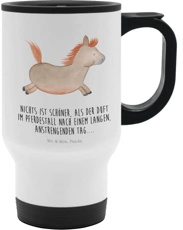 Mr. & Mrs. Panda Thermobecher Pferd Springen - Geschenk, Bauernhof, Warmhaltetasse, To Go Becher, Landwirtin, ausreiten, Pferde, Tasse zum Mitnehmen,
