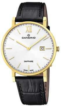 Candino Swiss Herrenuhr Analog aus Leder Schwarz | Quarzwerk, Kalender, Widerstandsfähiges Saphirglas, Wasserdicht 5 ATM Elegant C4726/1