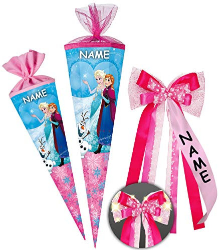 alles-meine.de GmbH Schultüte - die Eiskönigin - FROZEN - 100 cm - 12 eckig - incl. Name und individueller großer LED LICHT - Schleife - Organza - Tüllabschluß - Zuckertüte - Nes..