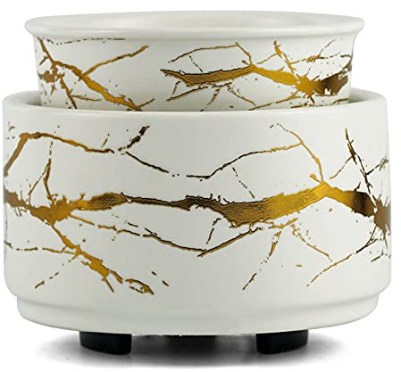 PALANCHY Ceramic wax melt warmer with candle warmer plate, 3-in-1 burner for scented oil, electric burner for scented wax, White gold candles heater, modern candle melt warmers, oil warmers